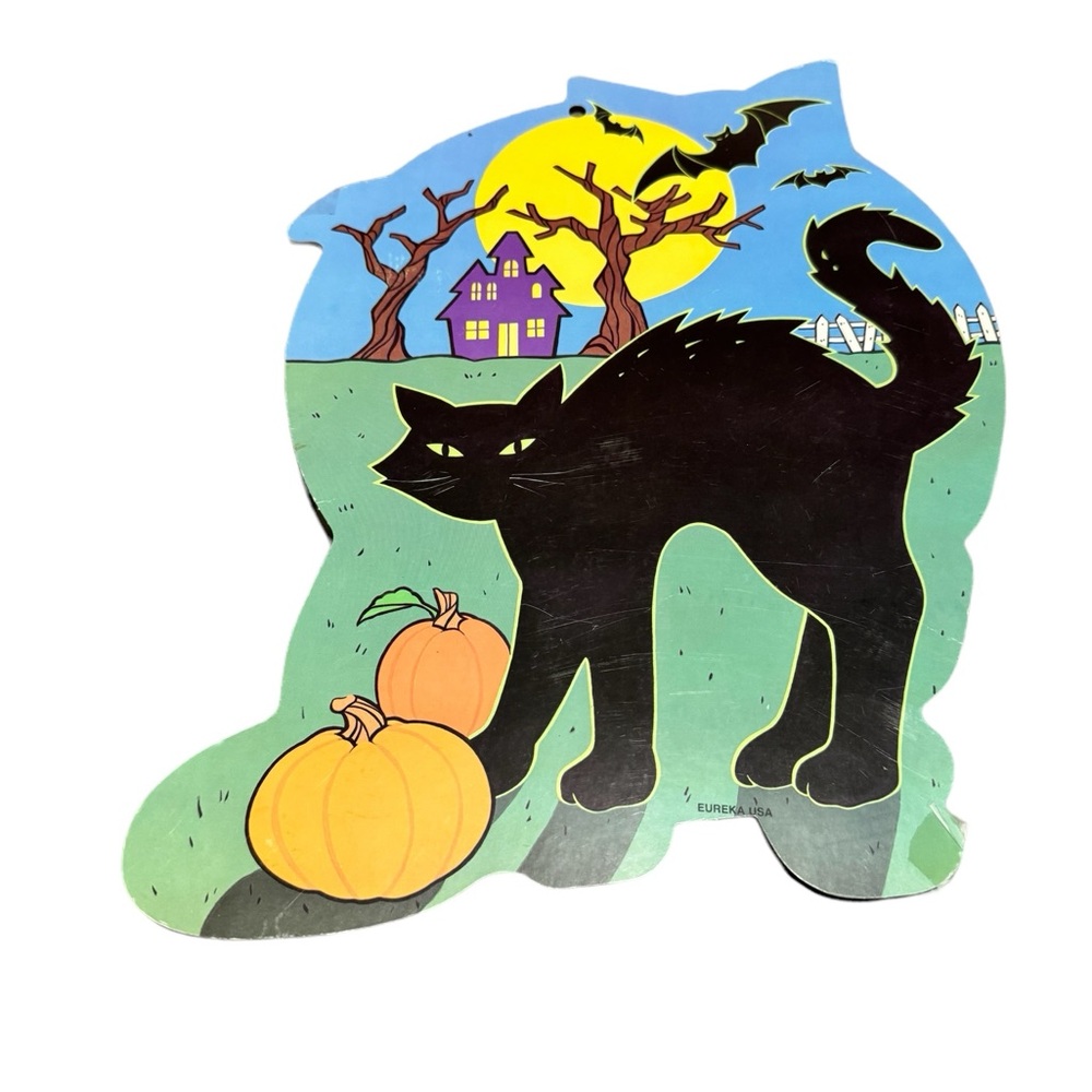 Vintage Eureka USA Halloween Die Cut Black Cat Bat Haunted House Wall Hanging